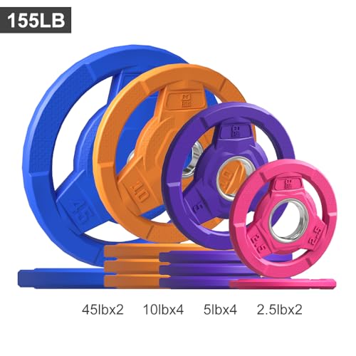Color Coded 2-Inch Rubber Coated Olympic Grip Plate for Barbell,Solid Cast Iron Weight Plates for Strength Training, Weightlifting, Home Gym, 2.5/5/10/15/25/35/45 LB, Single and Pair - color: 155LB-SET