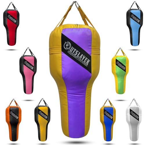 Outslayer Angle Uppercut Heavy Punching Bag for Boxing & MMA - Customizable Colors, Optional D-Ring, Unfilled/Soft Filled Choices - Made in USA - color: Purple/Yellow, style: Filled Without Bottom D-Ring