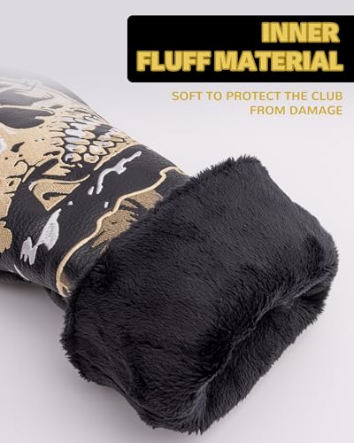 Golf Club Covers, Black Gold Skeleton Driver Covers Fairway Wood Headcover Hybrid Cover Leather Mallet Putter Covers Blade Headcovers Golf Head Covers with Magnetic Closure for Most Brand