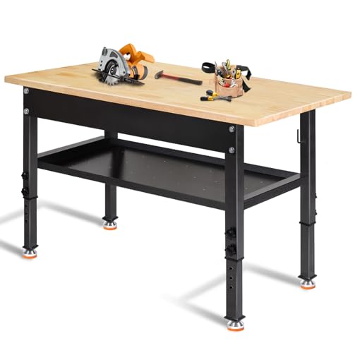 48"/60'' Adjustable Workbench, Rubber Wood Work Bench | Heavy-Duty With Partition ,2000 LBS Load Capacity Hardwood Work table for Garage, Workshop - size: with partition, 48