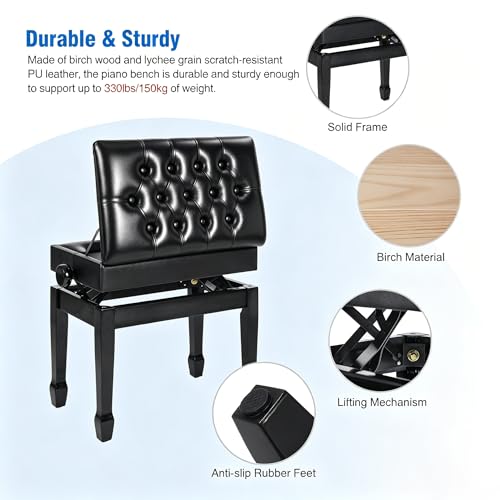 Adjustable Piano Bench with Storage, Glossy PU Leather Keyboard Stool, Heavy Duty Solid Birch Wood, Height Adjustable 19.7‑22.8”, for Home Practice & Studio, Black - color: Black Glossy