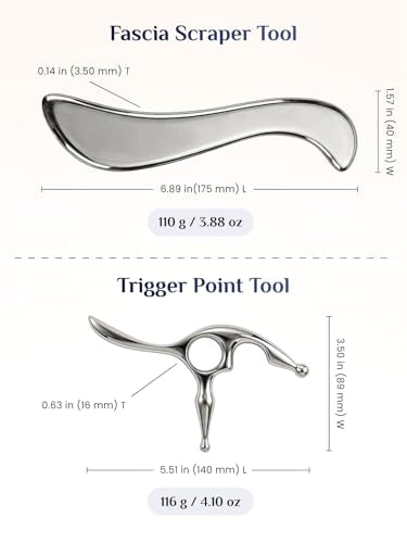 Rena Chris Trigger Point Massage Tool & Muscle Scraper Tool, Stainless Steel Body Gua Sha Tool for Deep Tissue Pain Relief & Fascia Release, with Travel Pouch & Guide (2-Piece Kit)