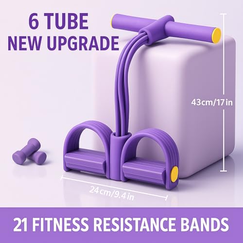 Pedal Resistance Band with Handle, Up to 50lbs 6-Tube Multifunction Pedal Resistance Band for Home Workout, Natural Rubber Foot Pedal Resistance Band with Storage Bag - color: pink