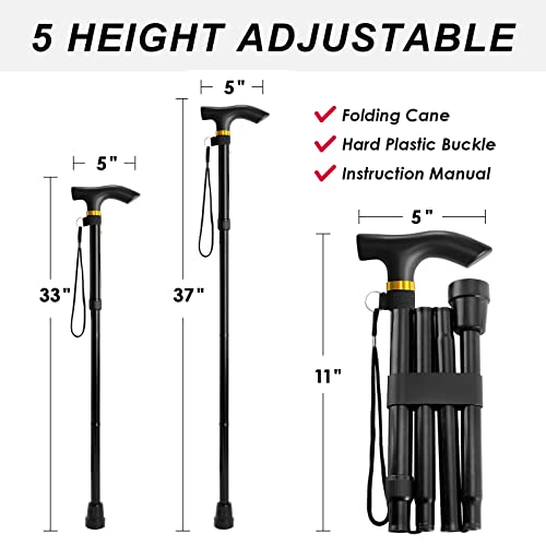Walking Cane, Folding Cane for Man & Women, Portable Lightweight | 5-Level Adjustable Height, Collapsible Cane for Seniors Balancing Mobility Aid - color: Black