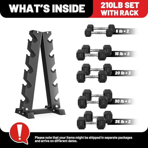 Hex Dumbbell Sets with Rack, 85-560lb Dumbbell Weight Set & Storage Rack | PAPABABE Dumbbell Set with Stand, Rubber Dumbbell Weight Set, Multiple Options Hand Weight for Strength Training - size: 210lb (5, 15, 20, 30, 35lb)x2& Rack