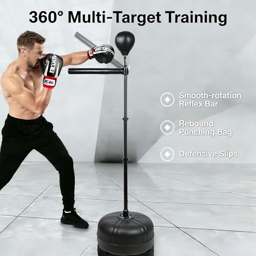 Spinning Reflex Bar Boxing Bar with Punching Bag, Height Adjustable SpinningBar, Freestanding BoxingBar Boxing Speed Trainer Boxing Equipment for Home Gym (1 Ball)