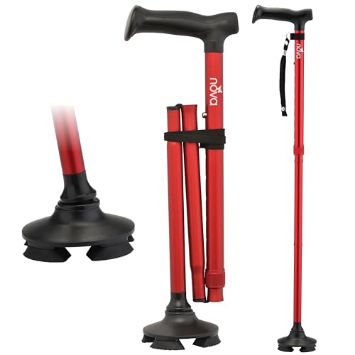 NOVA Foldable Quad Cane for Seniors, Self Standing Adjustable Walking Cane with Pivoting Quad Tip, Lightweight Collapsible Mobility Aid, Bonus Carry Pouch & Replacement Tips, Red - color: Red