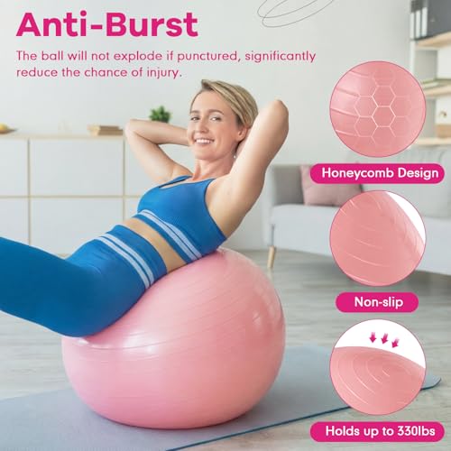 Leyndo 4 Pcs 26 Inch Yoga Exercise Ball Pilates Pregnancy Birthing Fitness Ball with Quick Pump Anti Burst for Improved Posture, Balance, Yoga, Pilates, Training - color: Light Pink