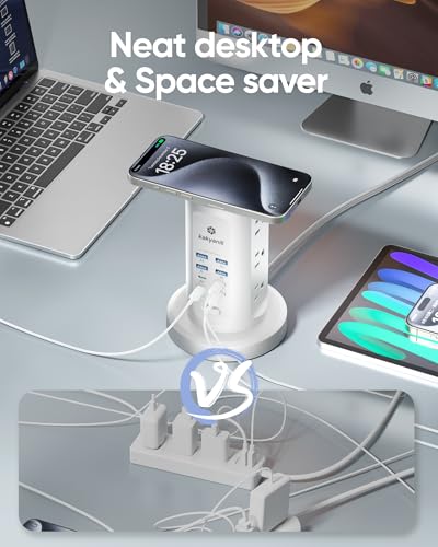 Kakyanill 115W USB Charging Station, Power Strip Tower with 9 AC 8 USB | 6Ft Flat Plug Retractable Extension Cord, for Home Office Dorm, White - color: White&Orange