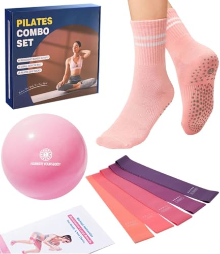 floconssy Pilates Ball Resistance Bands Grip Socks Barre Sets, Loop Exercise Bands 5 Levels, Small Yoga Ball 9 Inch, Non Slip Socks Workout Kit at Home - color: Pink