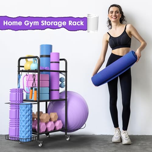 Home Gym Storage Rack Exercise Equipment Storage Organizer for Yoga Mat Dumbbells Kettlebells Foam Roller Yoga Strap & Resistance Bands, Ideal Yoga Mat Holder & Workout Equipment Organizer - color: Black