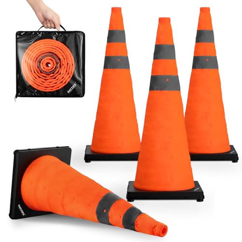 BATTIFE 28 inch Collapsible Traffic Safety Cones Orange Plastic Base 4 Pack | Collapsible folds flat, reflective strips, sturdy PVC, lightweight,ideal for parking, driving, construction, emergencies - size: 28inch