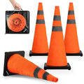 BATTIFE 28 inch Collapsible Traffic Safety Cones Orange Plastic Base 4 Pack | Collapsible folds flat, reflective strips, sturdy PVC, lightweight,ideal for parking, driving, construction, emergencies - size: 28inch