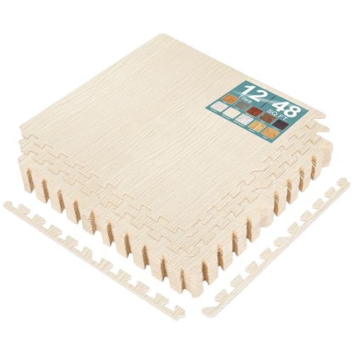 Sorbus Wood Grain Floor Tiles Foam Mat EVA Interlocking Mats Tile 3/8-Inch Thick Flooring Wood Puzzle Exercise Mats w/Borders - Home Playroom Basement, Apartment, Trade Show, Baby, Dance - color: Light Pine, size: 12 Pack
