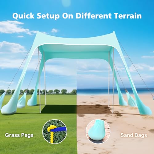 2PM SPORTS Beach Tent Sun Shelter 10x10 FT - UPF 50+ UV Protection, 8 Sandbags, Easy Setup, Portable Shade Canopy for Family Picnic Camping Travel - color: Mint blue