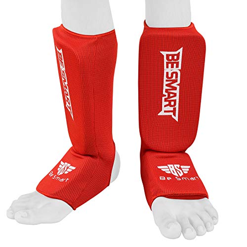 Be Smart Kids, Adults, Youth, Men and Women Muay Thai MMA Kickboxing Shin Guards, Instep Guard Training, Sparring Protective Gear Equipment Shin Kick Pads - color: Red, size: XXXS ( 3 to 8 Years )