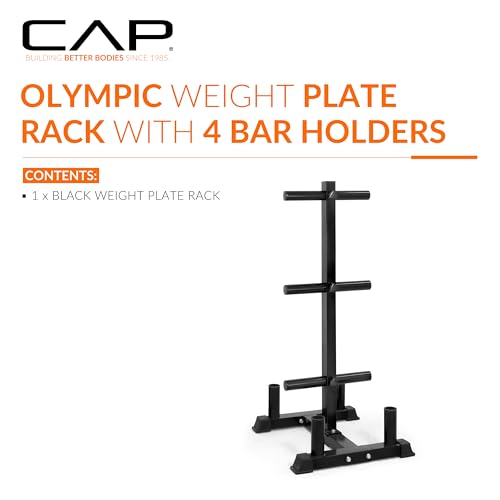 CAP Olympic Bumper Plate Tree Rack with Barbell Holders, Heavy-Duty Weight Plate Storage Rack for Home Gym, Steel Olympic Plate Organizer Stand, Multiple Color & Size Options - color: Black, size: 6-Plate Posts / 4 Bar Holders