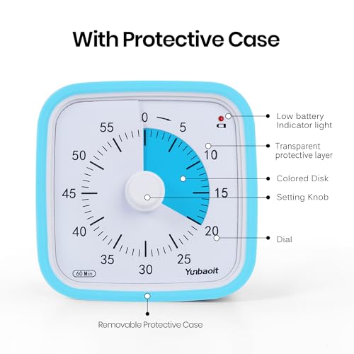 Yunbaoit Visual Timer, Silent 60-min Countdown Timer for Kids, Blue Blue | Protective Case, Time Management Tool, Mute and Ringing Alarm Available, Low Power Reminder, for Study,Game,Work,Fitness etc - color: Blue Blue