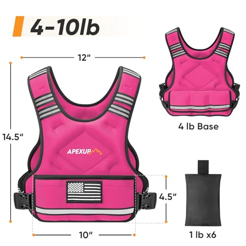 APEXUP Adjustable Weighted Vest, 4-10lb/12-18lb/20-32lb Vest with 6 Ironsand Weights and Large Pocket, Weight Vest for Men Women Strength Training, Running, Walking - color: Pink, size: 4-10lbs