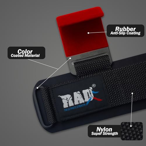 RAD Weight Lifting Hooks (Pair) Comfortable Anti-Rip Nylon Strap Extra Strong Hand Grips for Men & Women Powerlifting Heavy Duty Thick Wrist Padding Gym Workout Enhancer for Power Deadlift Pull Up - color: Red