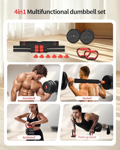 Adjustable Dumbbells,20/30/40/60/80lbs Free Weight Set with Connector, 4 in1 Dumbbells Set Used as Barbell/Kettlebells/Push up Stand, Fitness Workout Equipment for Home Gym for Youth,Women/Men - color: Black 40LBS (20LBS*2) + Kettlebell Handle (1.76LBS*2)