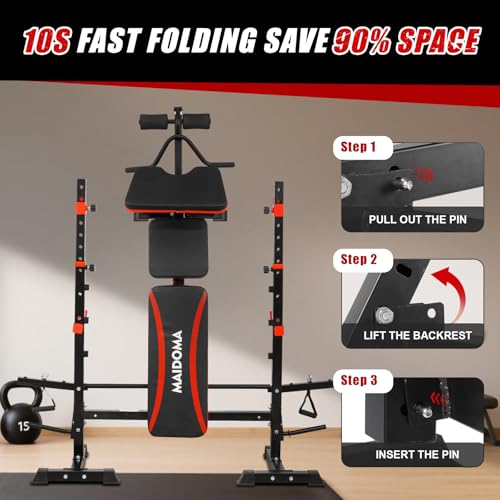 MAIDOMA Foldable 1500LBS Capacity 8 IN 1 Weight Bench Set with Leg Extension/Squat Rack/Preacher Curl, Adjustable Bench Press for Home Gym Full Body Workout (US Stock) - color: Black Red