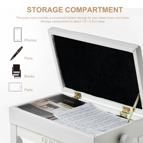Adjustable Height Piano Bench Stool PU Leather Cushion Wooden Keyboard Seat with Music Storage (White) - color: White