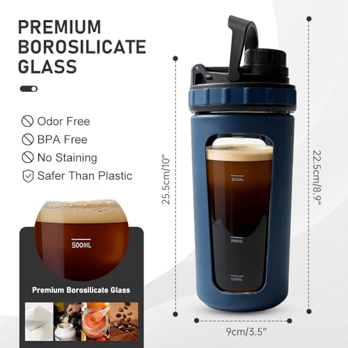 26oz Glass Protein Shaker Bottle, Stainless Steel Mixing Ball & Silicone Sleeve, Odorless, Leak-Proof, BPA-Free, Ideal for Smoothies & Workout Drinks (Steel Blue) - color: Steel Blue