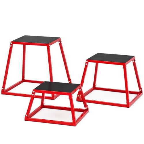 Plyometric Jump Box Set 12/18/24 Inch, Rectangle Steel Jump Plyo Box with Anti-Slip Platform for Home Gym, Strength Training & Conditioning Workouts for Men and Women, Red