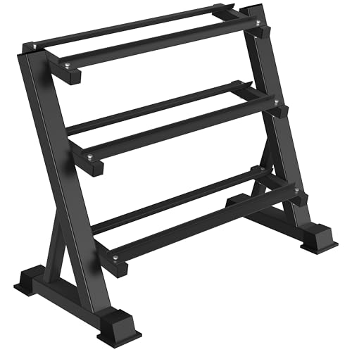 Heavy Duty 3 Tier Dumbbell Rack Stand, 1200LBS Commercial Weight Storage Organizer for Home Gym (Select Frame Type: Kettlebell Flat Tray, All Rails, or Rolling Wheels), Stand Only - color: 3-Tier (All Rails)- Black