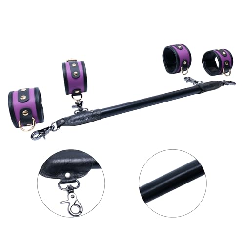 Wooden PU Spreader Bar with 4pcs PU Adjustable Straps,Workout Bar for Home Gym Training Bar,Portable Detachable Pilates Kit - style: Embossed Black+PU Purple Kit