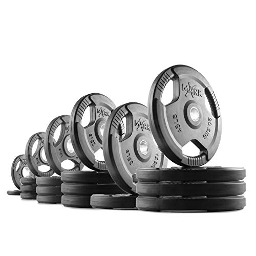 XMARK TRI-GRIP Pair or Set of Olympic Weight Plates, Rubber Coated Exercise Weights for Olympic Barbell, Strength Training Weight Set for Home Gym - color: 27) Set 415 lbs