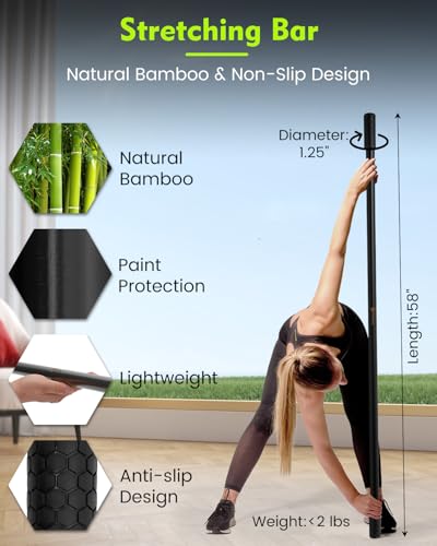 P Polerden Yoga Stick, 5ft Exercise Stick for Mobility, Stretching Stick with Non-Slip Ends, Exercise Dowel for Pilates, Balance Pole and Stretch Bar for Stretching Equipment - size: 1 PCS 58 inches Natural Bamboo Black