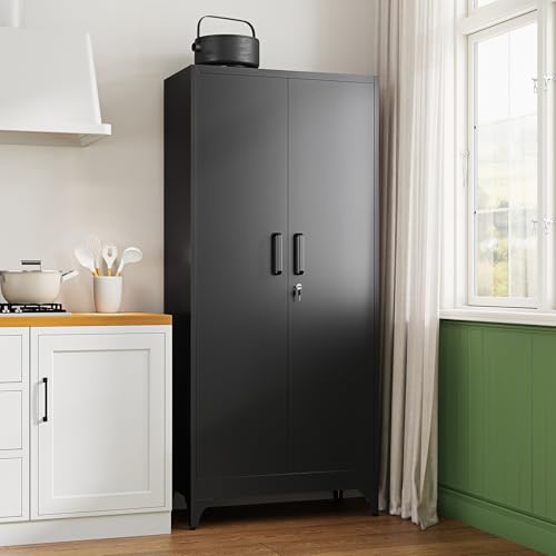 Letaya 71" H Metal Storage Cabinet with 2 Doors and 4 Shelves,Tall Kitchen Pantry Cabinets,Utility Pantry Organizers for Cupboard/Dining/Bathroom/Home Office/Garage, Steel Tool Cabinets - color: Black, size: 70.9 X 32 X 16 In(H X W X D)