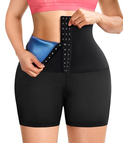 TrainingGirl Compression Sweat Shorts for Women Workout Sauna Suit Gym Sets High Waist Trainer Thigh Fat Slimmer Yoga Pants - color: Black Blue-inner Hooks, size: Large