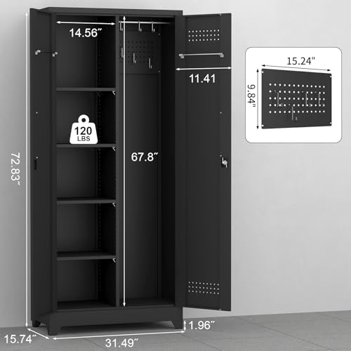 IRONFFICE Metal Utility Closet,Broom Closet Storage Cabinet with Doors and Shelves,Locking Storage Cabinets for Home Office,Gym,Laundry,Black - size: 72"H x 31.5"W x 15.74"D-Black