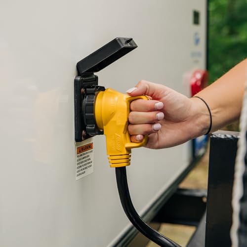 Camco PowerGrip 25-Ft 30 Amp RV Extension Cord w/90° Locking End - Features NEMA TT-30P Male & Marine-Style L5-30R Locking Female Connectors - Rated for 125V/3,750W - 100% Copper 10-Gauge Wire (55524) | 25 Ft Length, 30 Amp, 750W) Rating, Nema Tt-30p Male