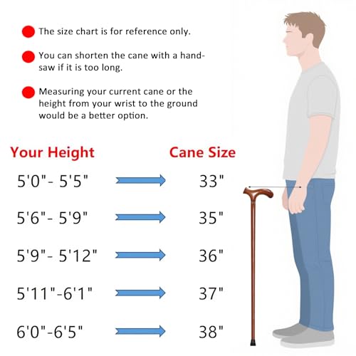 Wooden Walking Cane with 5 Height for Men and Women, Handmade Wood Cane with Comfort Grip Handle, Supportive Mobility Aid for Seniors, Fashionable & Classic Lightweight Stick - color: Brown, size: 33inch