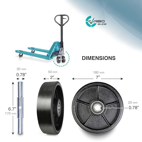Pallet Jack/Truck Steering Wheels Set with Axle, Fasteners and Protective Caps (4 pcs) 7" x 2" with Bearings ID 20mm Poly Tread BLACK