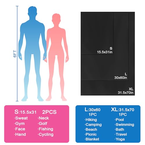 Camping Towel L Size Microfiber Quick Dry Lightweight Travel Body Swimming Pool Beach Yoga Mat Towels (Black, 1 Pack L) - color: Black, size: 1 Pack L