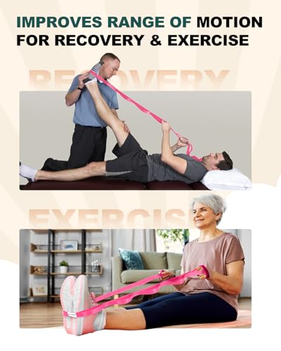 Trideer Non-Elastic Stretching Strap with Loops for Physical Therapy & Rehab, Knee Hip Leg ROM Post-Surgery, Yoga Strap for Stretching, Leg Lifter Strap Mobility Aid, Hamstring Calf Back - color: Pink/75"x1"