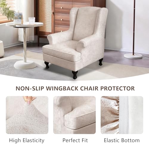 ANARACHON Leather Look Wingback Chair Covers, 2-Piece Wing Chair slipcover,Stretch Wing Back Armchair Slipcovers with Elastic Bottom, Soft Spandex Furniture Protector for Living Room (Beige) - color: Beige