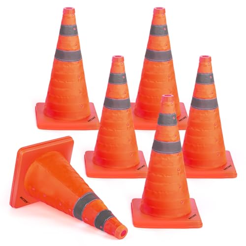 BATTIFE [6 Pack] 18 Inch Collapsible Traffic Safety Orange Cones, Multi Purpose Pop-up Cones and Reflective Collar, for Road Parking, Driving Practice - size: 18inch