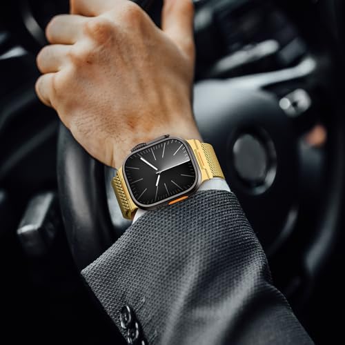 Milanese Loop Compatible with Apple Watch Ultra 3/2/1 Band 49mm 46mm 45mm 44mm 42mm, Magnetic Stainless Steel Strap Bands for iWatch Ultra SE 3/2/1 Series 11 10 9 8 7 6 5 4 3 2 1 Men, Gold - color: Gold