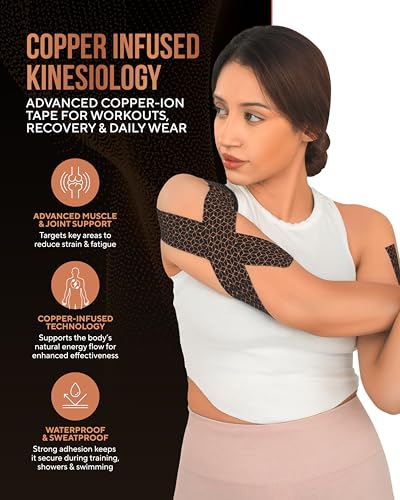 TheraCopper Copper Infused Kinesiology Tape – 2 Rolls (40 Precut Strips) – Advanced Waterproof Kinesiology Tape for Shoulder, Elbow, Bowling Wrist, Weightlifting, Muscle Strain & Joint Support (Black) - color: Black