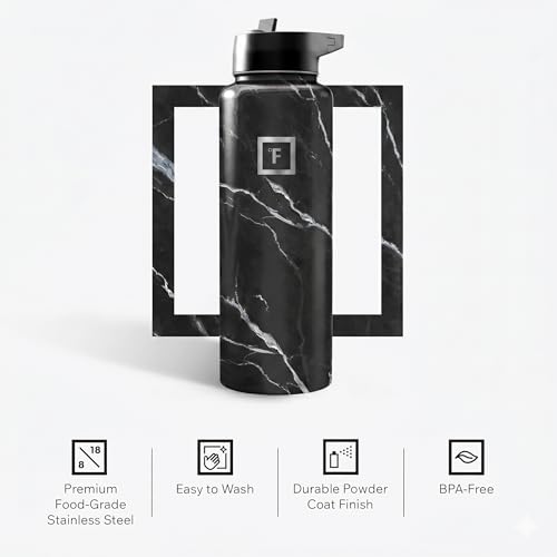 IRON °FLASK 40 oz Wide Mouth Water Bottle with Straw | Insulated Stainless Steel Sports Water Bottle with Leakproof Straw Lid - BPA Free, Cold 24 Hrs, Sweat Free (Black Marquina) - color: Black Marquina, style: Straw - 40 Oz (1 Lid)