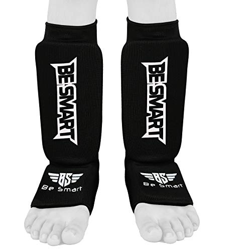 Be Smart Kids, Adults, Youth, Men and Women Muay Thai MMA Kickboxing Shin Guards, Instep Guard Training, Sparring Protective Gear Equipment Shin Kick Pads - color: Black, size: XXXS ( 3 to 8 Years )