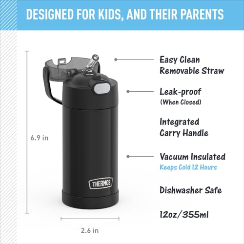 THERMOS FUNTAINER Water Bottle with Straw, 12oz, Black | Kids Stainless Steel Insulated Water Bottle, Keeps Drinks Cold Longer for School & Play, BPA-Free - color: Black, size: 12 Ounces