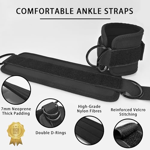 Fitness Ankle Straps for Cable Machines, 2 Pack Comfortable Adjustable Padded Ankle Wrist Cuffs, Kickback Glute Workouts for Men Women, D-Ring Leg Straps with Neoprene Padding - color: pair-black