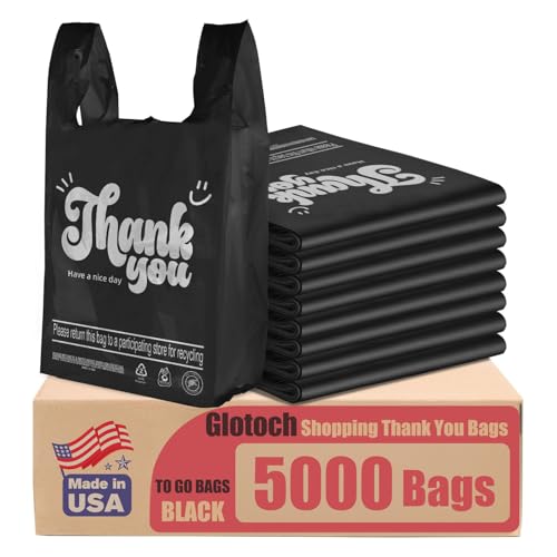 Glotoch 5000 (5K) Count Plastic Thank You T-shirt Bags Black, 11.5 x 6.5 x 21" Grocery Shopping Bags with Handles for Restaurant, Retail, Togo, Takeout, Convenience Stores, in Bulk for Small Business - color: Black Thank You, size: 5000 Count